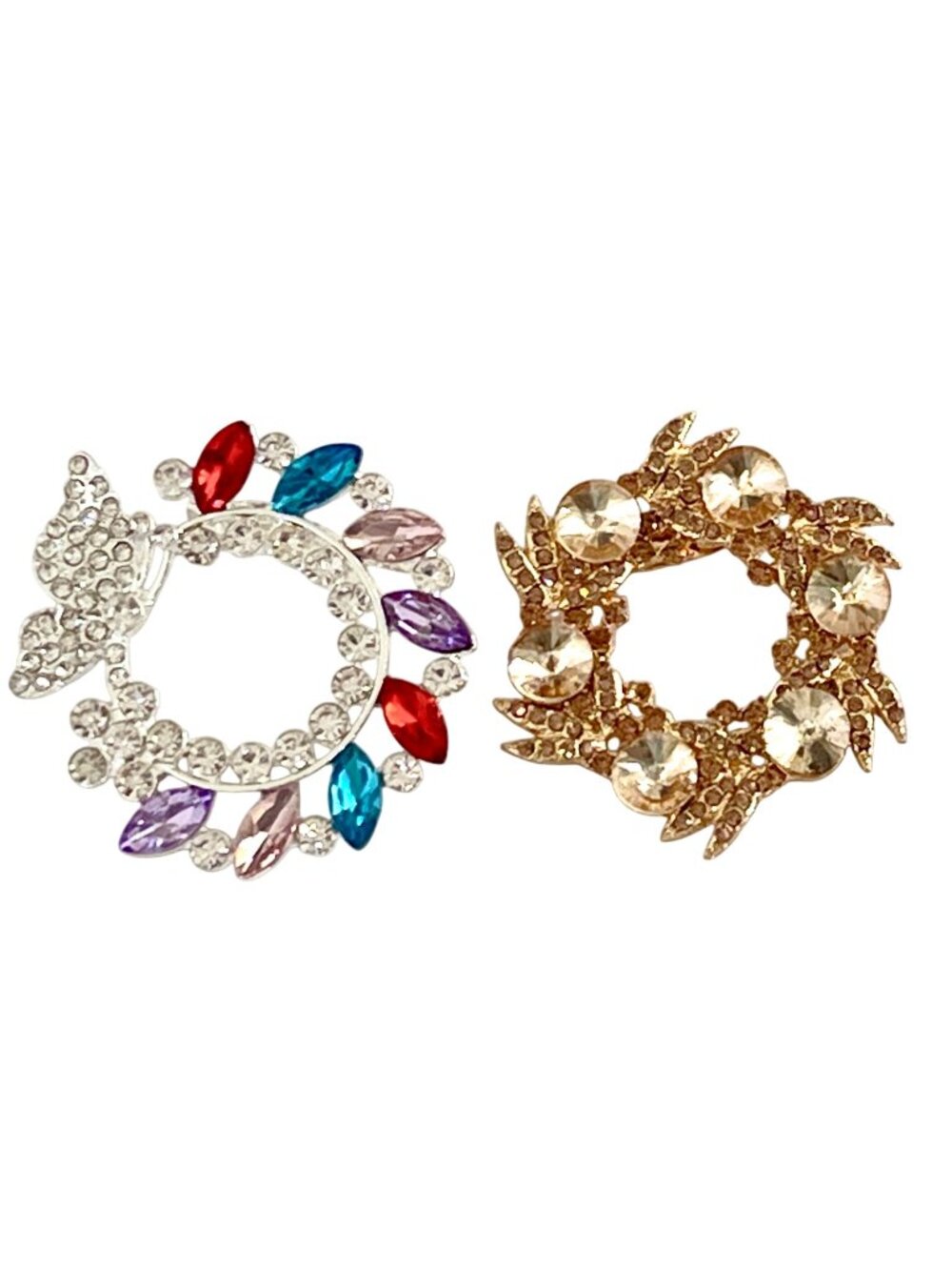 Crystal Wreath Brooches Gold & Silver-Tone Set of 2 Bling Rhinestones Estate